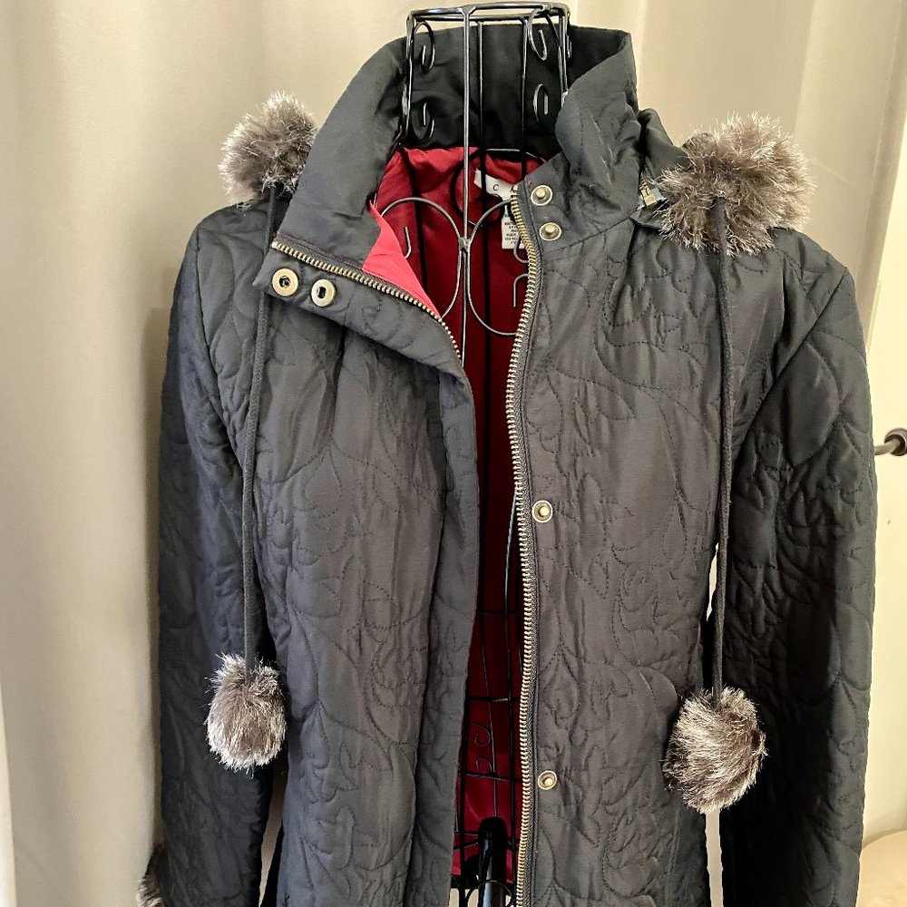 CAbi Black Faux Fur Trim Quilted Hidden Button-Down & Zip Quilted Coat Size S